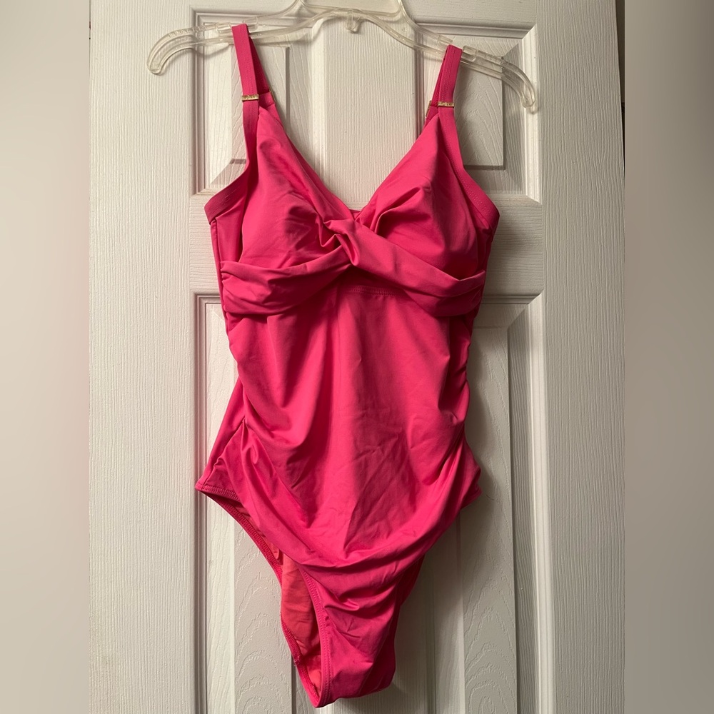 NWT Catherine Malandrino Pink One Piece Swimsuit Crisscross Top And Rusching M